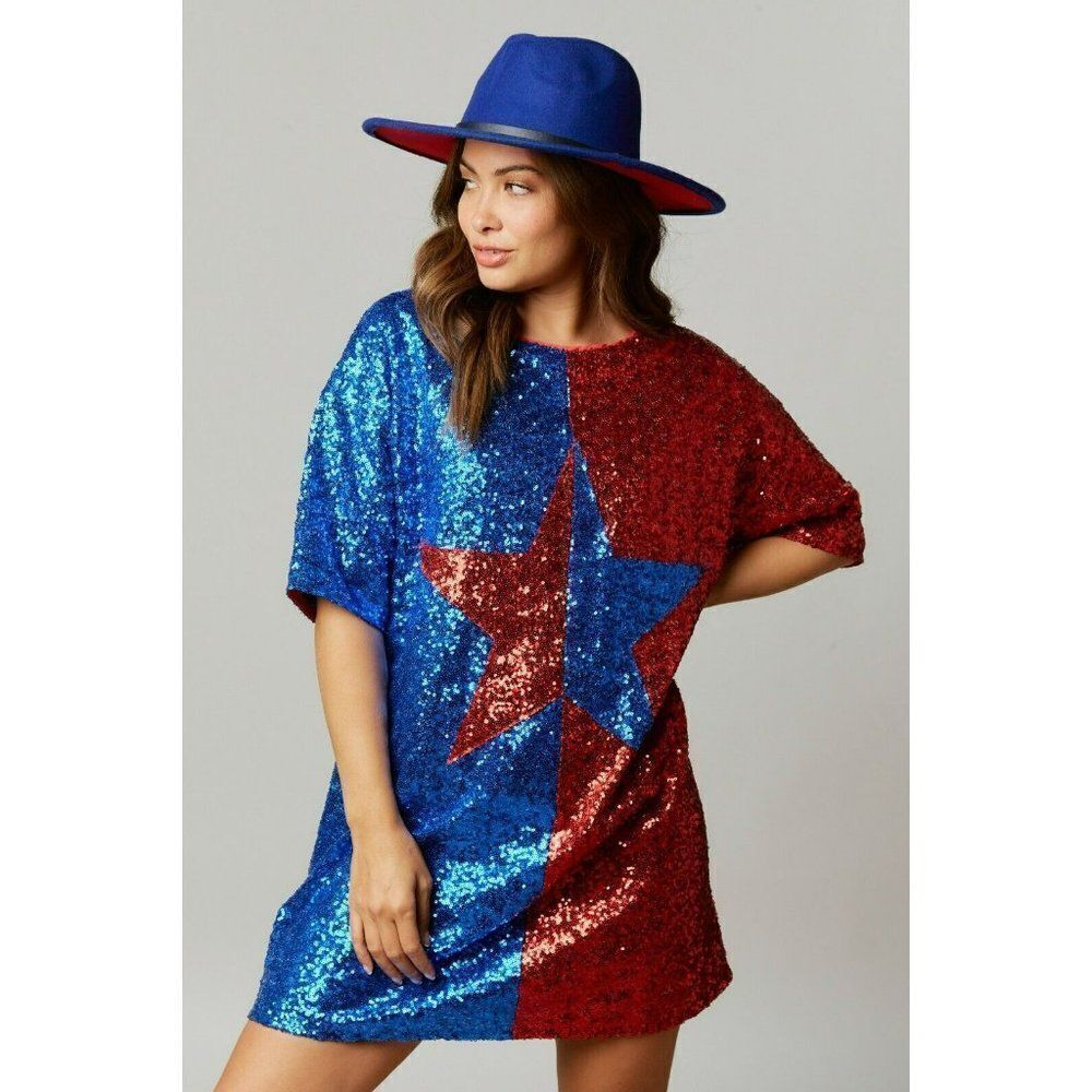 Fantastic Fawn Big Reputation Color Block Sequin Star Dress Red/Blue IFD54232-01 - Picture 3 of 8